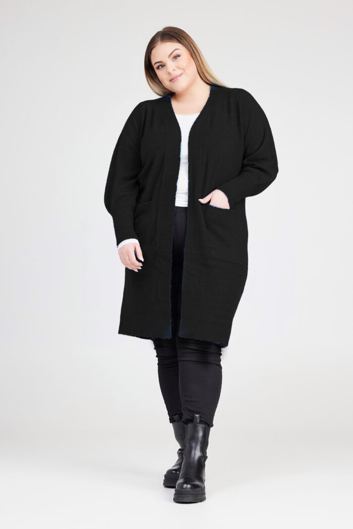 No. 1 By Ox long cardigan with balloon sleeves - black op model front